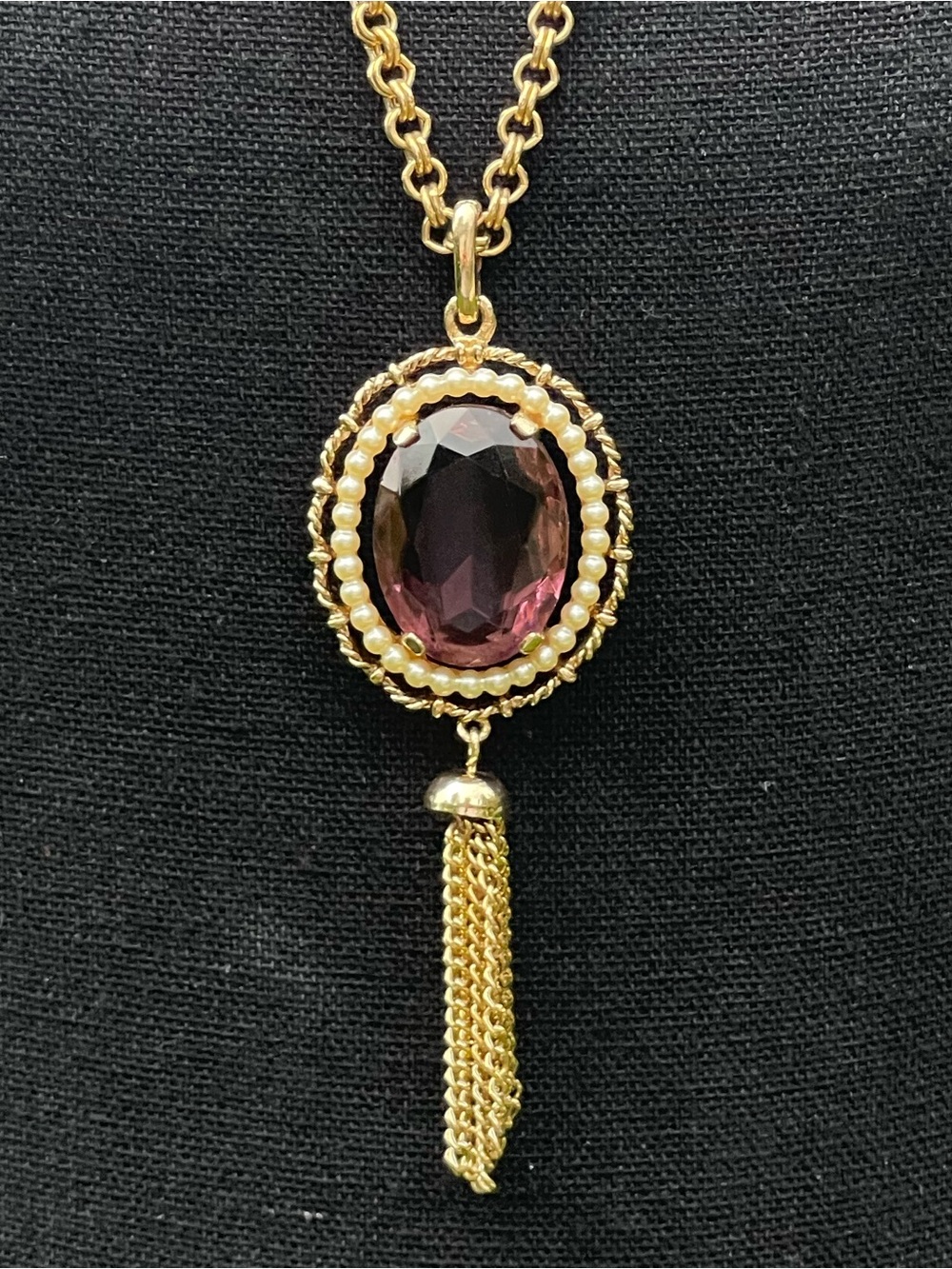 Vintage 70s Victorian Revival Faux Amethyst Pearl Tassel Avon Pendant Necklace